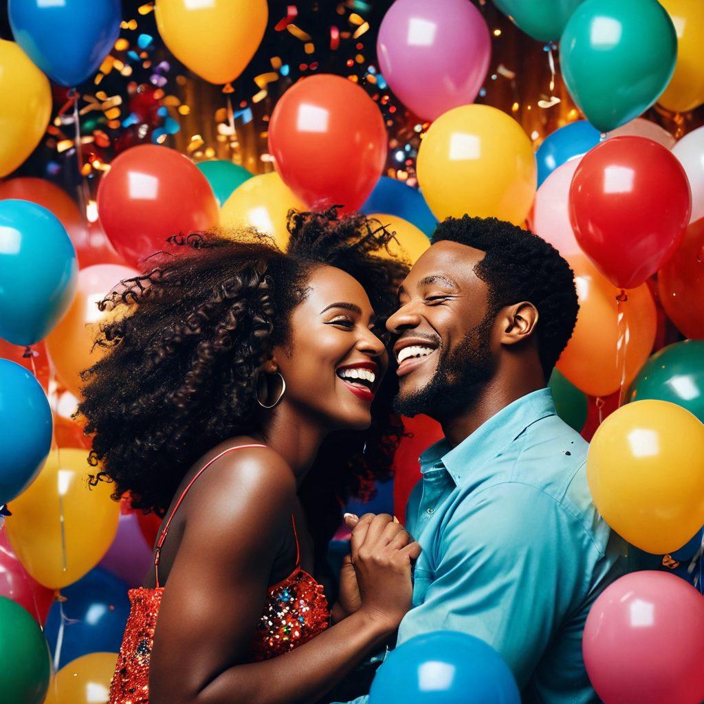A vibrant collage featuring joyful scenes from black adult films, highlighting diverse couples laughing and sharing intimate moments. Include elements of celebration like balloons and confetti to symbolize happiness, with warm lighting that enhances the joyful atmosphere. The background should be a smooth gradient of rich colors that evoke a sense of warmth and positivity. super-realistic. vibrant colors. soft-focus effect.