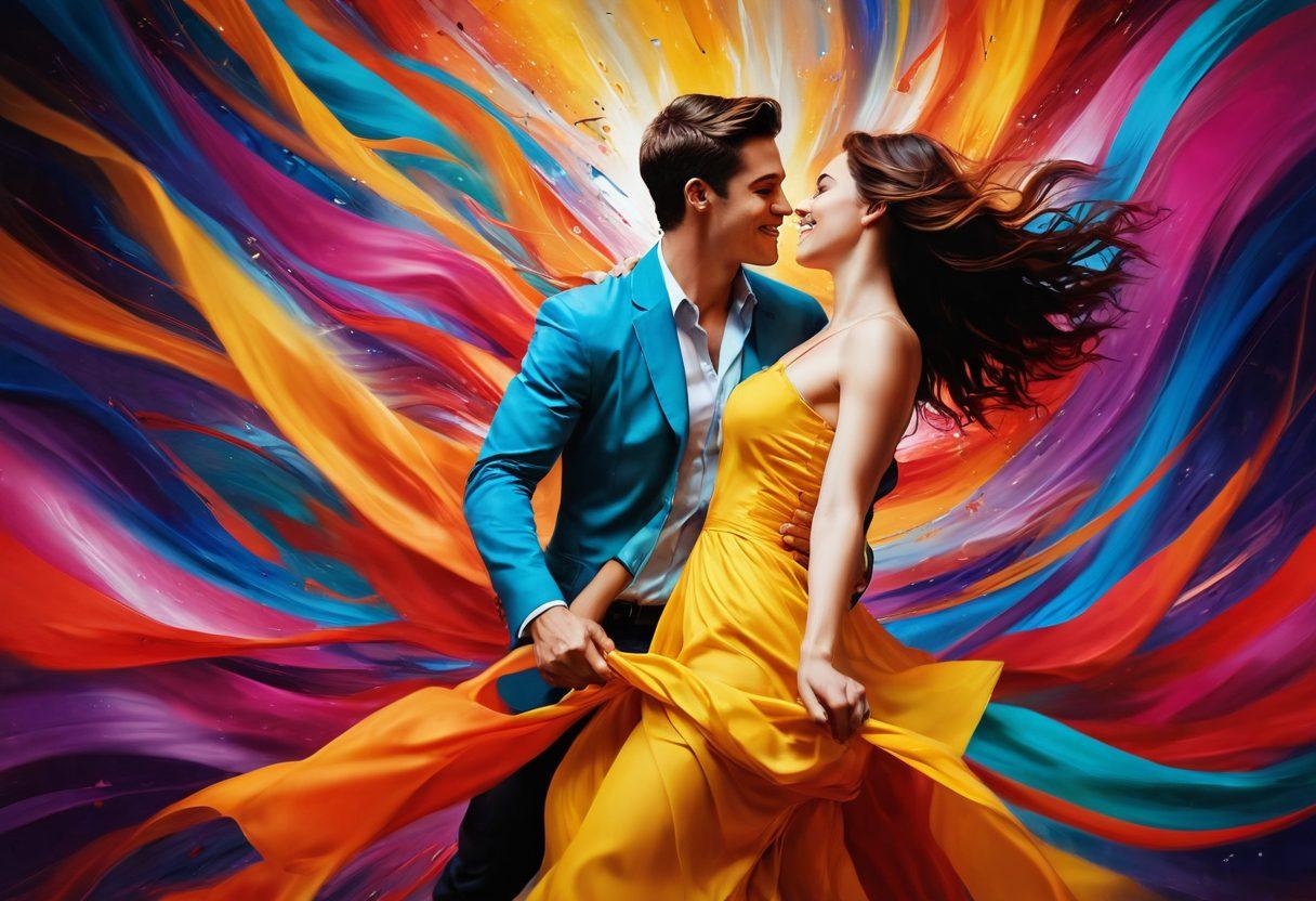A dynamic scene capturing the essence of joy and movement, featuring diverse couples engaged in playful and intimate moments, surrounded by vivid colors and flowing fabric. The background captures an abstract representation of freedom and passion, with music notes and colorful light trails enhancing the festive atmosphere. The focus is on expressive faces, laughter, and playful gestures, evoking a sense of ecstasy. vibrant colors. lively abstract background. super-realistic.
